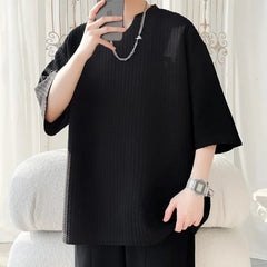 Summer Short Sleeved T-shirt Men Casual Pleated T Shirt Men Streetwear Hip-hop Loose Striped T Shirt Mens Top Large Size 5XL voguable