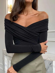 White See-Through Patchwork Jumpsuit For Women Pleated Slim Sexy High Waist Long Sleeve Off-Shoulder Rompers Streetwear voguable