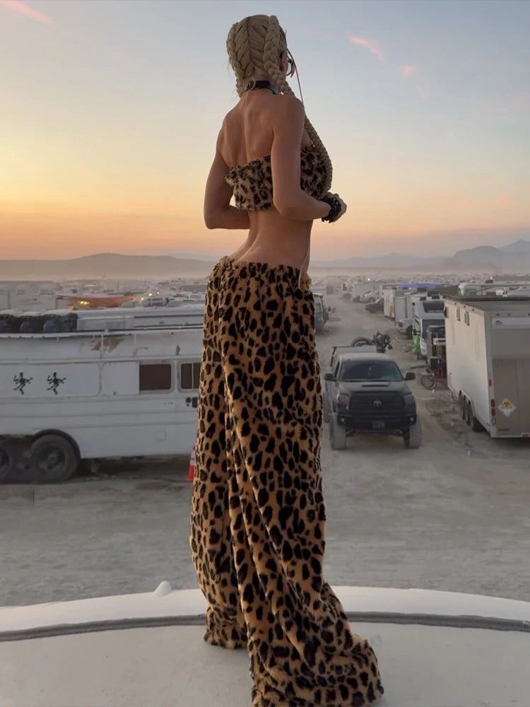Voguable Furry Leopard Print 2-Piece Set Women Punk Style Hottie Sleeveless Crop Vest+Wide Pants Trend Matching Street Suits voguable