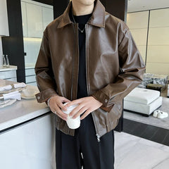 New Autumn Men's Casual Textured PU Leather Jacket High Street Zip-up Turn-down Collar Solid Color Long Sleeve Retro Coats M-3XL voguable