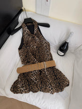 Voguable Retro Leopard Chiffon Dress Women Streetwear Sexy V Neck Slim Belt Mini Dress Halter Sleeveless Backless Fashion Female Dress voguable