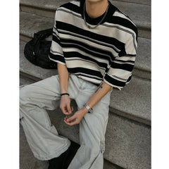 Men Black White Stripe Tshirt Man Loose Fit O Neck Casual Streetwear Fashion Soft Cotton Relaxed Summer Tee Shirt Striped Top voguable
