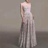 2025 New Spring Spaghetti Straps Women Dress Square Neckline Subtle Floral Pattern Maxi Length Dresses Female voguable