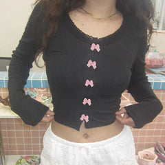Voguable  Kawaii Multi Bow Single-breasted Knitted Top Solid Japanese Lolita Style Cropped Tops Sweet Barbiecore T-shirt y2k Tees voguable