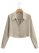 Voguable New Fashion Women Solid Cropped Satin Shirt Vintage Long Sleeve Front Button Female Blouse High Street Chic Tops voguable