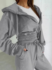 Voguable Autumn/Winter New Women's Fashion Solid Color Hooded Casual Zipper Sports Suede Jacket Pants Set Women's Wear voguable