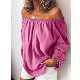 Voguable Oversized Off Shoulder Casual Slash Neck Pleated Solid Color Long Sleeved Blouse Spring Lightweight Loose Simple Women's Shirt voguable