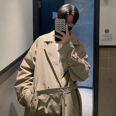 Autumn Trench Coat Men Oversized Fashion Khaki Black Long Coat Men Streetwear Korean Loose Windbreaker Jacket Mens Overcoat voguable