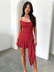 Spaghetti Strap Draped Ruffled Sexy Mini Dress For Women Robe Fashion Solid Sleeveless Backless High Waist Club Dress voguable