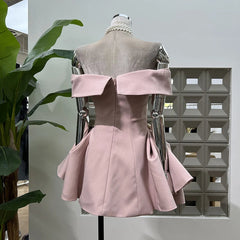 Fashion Pink Off Shoulder Dress Women's Slach Neck Side Metal Buckle A-line Mini Dresses Summer New 3A11001S voguable