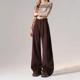 Voguable Fashion Preppy Style Autumn Winter New Full Length Pants Women Solid Pockets Zipper High Waist Loose Straight Wide Leg Trousers voguable