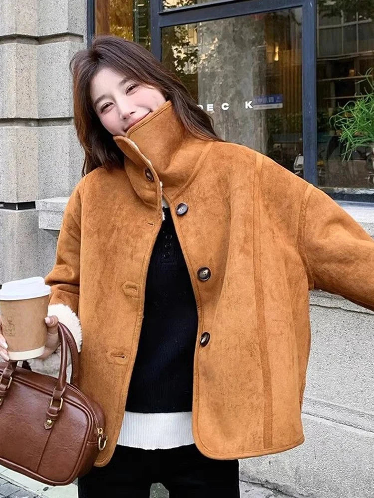 Y2K Faux Lamb Suede Jacket Women Warm Winter Streetwear Retro Coat Korean Casual Loose Long Sleeve Single Breasted Outwear voguable
