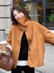 Y2K Faux Lamb Suede Jacket Women Warm Winter Streetwear Retro Coat Korean Casual Loose Long Sleeve Single Breasted Outwear voguable