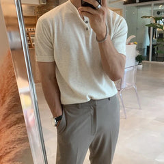 New Fashion Korean Style Men T-shirt Light Luxury Knitted Henry Collar Tops Casual Solid Color Short Sleeve Breathable Knitwear voguable