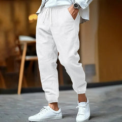Voguable Men's Cotton Linen Jogger Pants Spring Summer Elastic Waist Straight Fit Mid Rise Solid Color Breathable Tapered Trousers voguable
