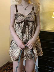 Sweet Plaid Bow Cute Simple Camisole Dresses Tops Fashion All-Match Retro Women Home Clothing voguable