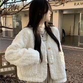 Women Lamb Wool Jackets Autumn Winter Thick Warm Faux Fur Button Outerwear Korean Loose Elegant V Neck Furry Short Coat voguable