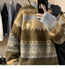 Vintage Boho Floral Striped Sweater Women Warm Winter Long Sleeve Tops Men Hip Hop Couples Teens Pullover Korean Fashion Clothes