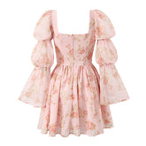 Floral Print Mini Dress Women Square Collar Sexy Backless Long Sleeve Dress Autumn French Elegant Party Clubwear