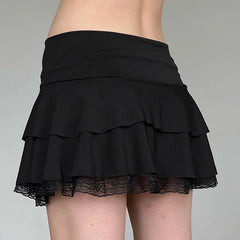 Voguable Dark Academia Lace A-line Mini Skirt Black Low Waisted Bow Stitching Short Skirts Y2K Gothic Cute Bottoms Streetwear voguable