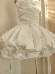 Fashion White 3D Flower Flods Strapless Puffy Dress Women's Slach Neck Slim Fit Big Swing Mini Dresses Summer 3A120 voguable