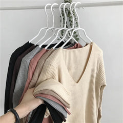 Rib-knit Long Sleeve Top for Women Soft Stretchy V-neck Fitted Knit Top Sweater Pullover Ladies Autumn Winter Layering Outfit voguable