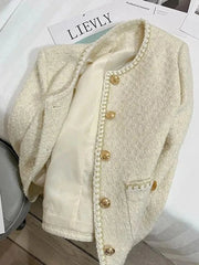 French Sweet Tweed Jacket Women O Neck Elegant Slim Long Sleeve Coat Vintage Casual Single Breasted Female Fall Winter Tops voguable