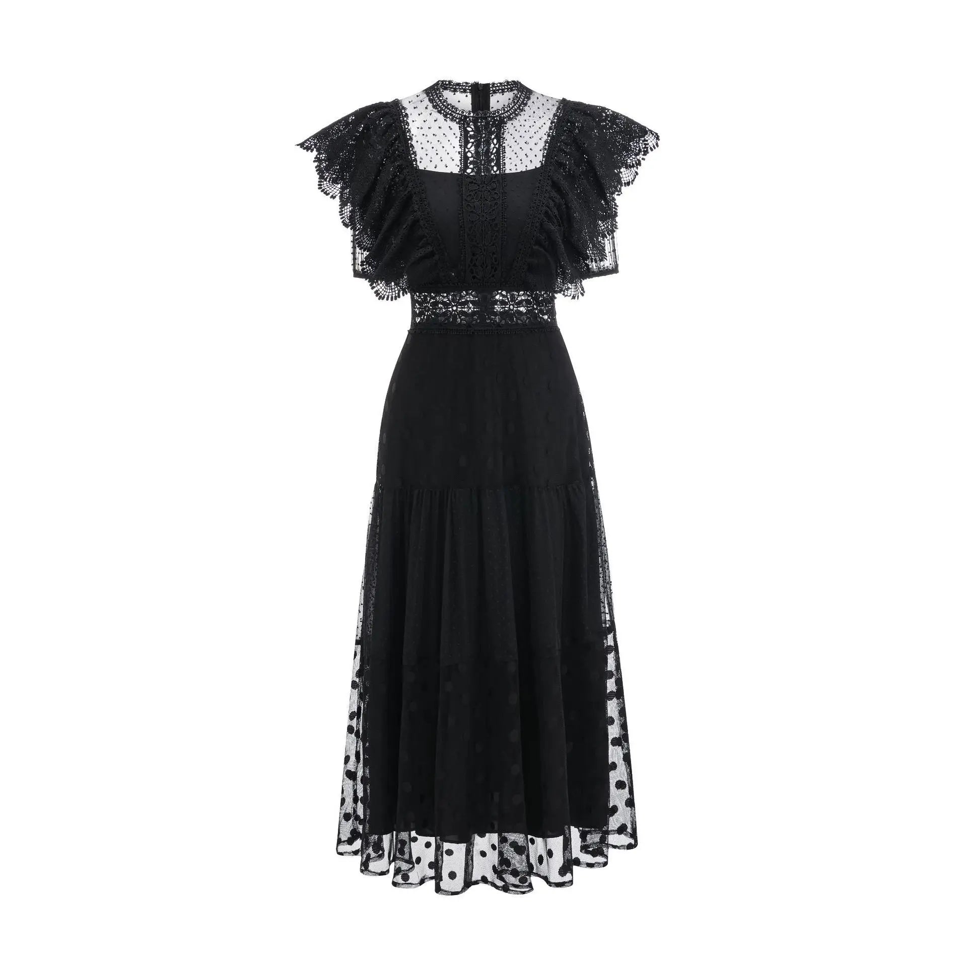 Fashion Black Polka Dot Perspective Dress Women's Round Neck Slim Fly Sleeves Ankle-length Dresses Summer New 3A102 voguable