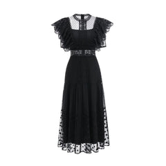 Fashion Black Polka Dot Perspective Dress Women's Round Neck Slim Fly Sleeves Ankle-length Dresses Summer New 3A102 voguable