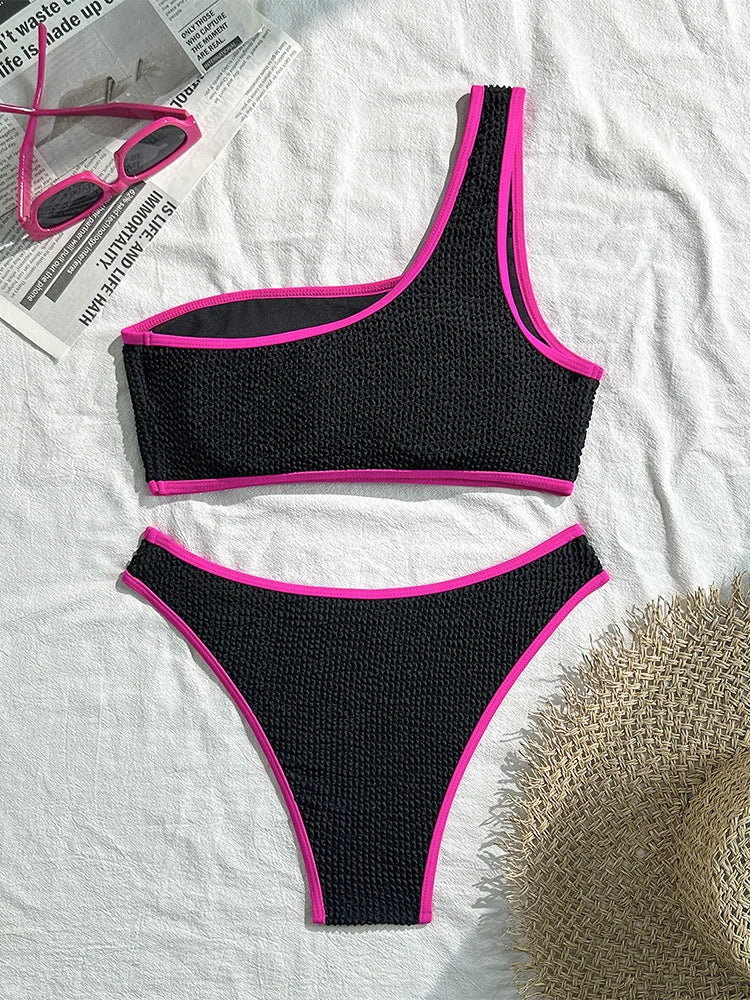 Voguable Sexy Contrast Color One Shoulder Bikini Women Split Swimsuit Beach Vacation Bikini 2026 New All Season Bikinis 2 Piece Set voguable