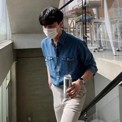 Harajuku Fashion Casual Wash To Do Old Denim Shirt Men Spring Y2k Korean Version Loose High-Grade Long-Sleeved Cargo Shirt Trend voguable