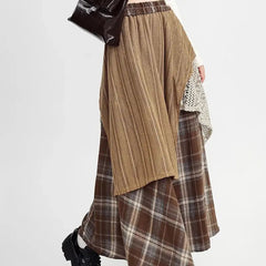 Autumn Winter Woolen Plaid Skirts Women Elastic High Waist Patchwork Irregular Waste Soil Wind Fashion Loose A-line Big Skirt voguable