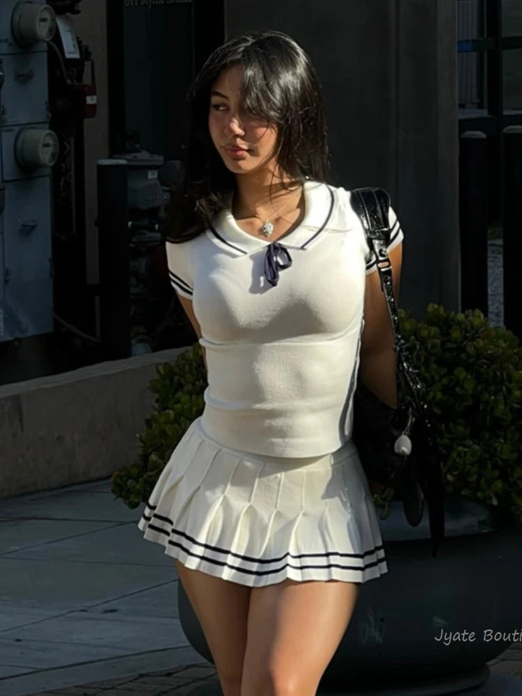 Academic Style Pleat Skirt+Lapel Short Sleeve Tee 2 Piece Set Women Outfits Fashion Skirt Tight Knit T-shirts Summer Suit voguable