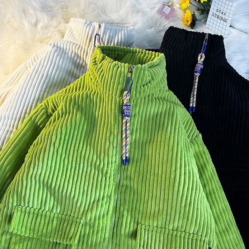 Men's Cotton Padded Jacket Winter Corduroy Padded Jackets Female Loose Stand-up Collar Thickened Warm Zipper Solid Color Coats voguable