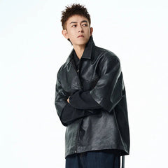 Top New US Black PU Leather Short Sleeved Shirt Oversized Mens Loose Men Streetwear Leather Cool Fashion Fitting Leather Shirt voguable