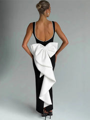 Elegant Pearl Bow Backless Sexy Maxi Dress Women Gown Fashion Sleeveless High Waist A-line Club Party Long Dress voguable