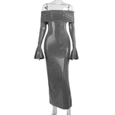 Voguable Elegant Flare Sleeve Sequins Banquet Party Maxi Dress Off Shoulder Slim Fit Pleated Autumn Winter Fashion Temperament Vestidos voguable