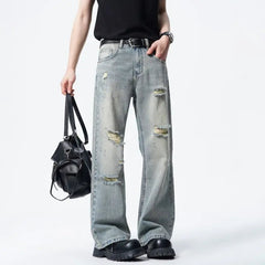 Men Straight Leg Vintage Blue Washed Denim Jeans Casual Ripped Distressed Trousers Classic Retro Style Comfortable Streetwear voguable