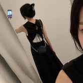 MEXZT Hollow Out Dress Women Elegant Solid Sleeveless A Line Midi Dresses Summer Korean Drawstring Backless Sundress Vestidos voguable