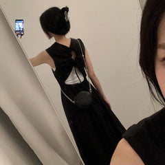 MEXZT Hollow Out Dress Women Elegant Solid Sleeveless A Line Midi Dresses Summer Korean Drawstring Backless Sundress Vestidos voguable
