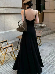 Women Sexy Vintage Summer Backless Dresses Slit Fit Sleeveless Spaghetti Strap Halther Evening Dress Club Party Prom Chic New voguable