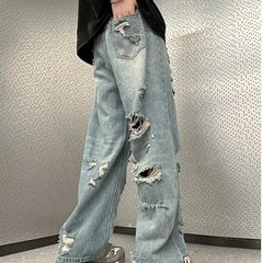 Vintage Distressed Straight-leg Jeans American Style Slimming Bell Bottoms Loose Fit High-waisted Summer Thin Version For Men voguable