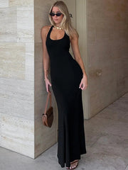 Halter Backless Sexy Maxi Dress Women Gown Summer New Solid U Neck Sleeveless High Waist Long Dress Elegant voguable