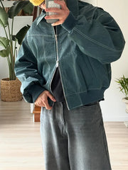 Casual Pu Leather Double Zipper Long Sleeve Coat  Trendy Green Faxu Leathers Lapel Men's Baggy Bomber Jacket Chic Outwear voguable