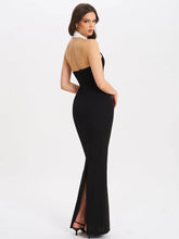Halter Backless Sexy Maxi Dress For Women Gown Contrast Color Notched Collar Sleeveless Bodycon Club Party Tank Dress voguable