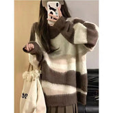 Voguable Loose Japan Style Vintage Fashion Lazy Patchwork Panelled Striped Sweater Women Autumn O-Neck Long Sleeve Screw Thread Knit Top voguable