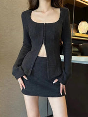 Voguable  Autumn Sexy 2 Piece Dress Set Elegan Casual Long Sleeve Knitted Suits Y2k Crop Tops + Bodycon High Waist Mini Skirt Korean voguable