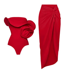 Red Flower One Piece Swimsuit Women Swimwear Bikini Luxury Designer High Waist Biquini Female Swim Suits Bodysuit Beachwear voguable