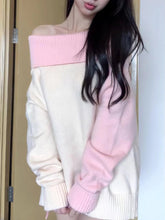 Voguable Off Shoulder Knit Sweater Women Sweet Slash Neck Long Sleeve Patchwork Pullovers Cut Out Loose Casual Lazy Wind Korean Jumpers voguable