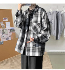 Harajuku Long Sleeve Plaid Shirts Men Big Size M-5XL Autumn Chic Loose Vintage High Street All-match Gentleman Camisa voguable